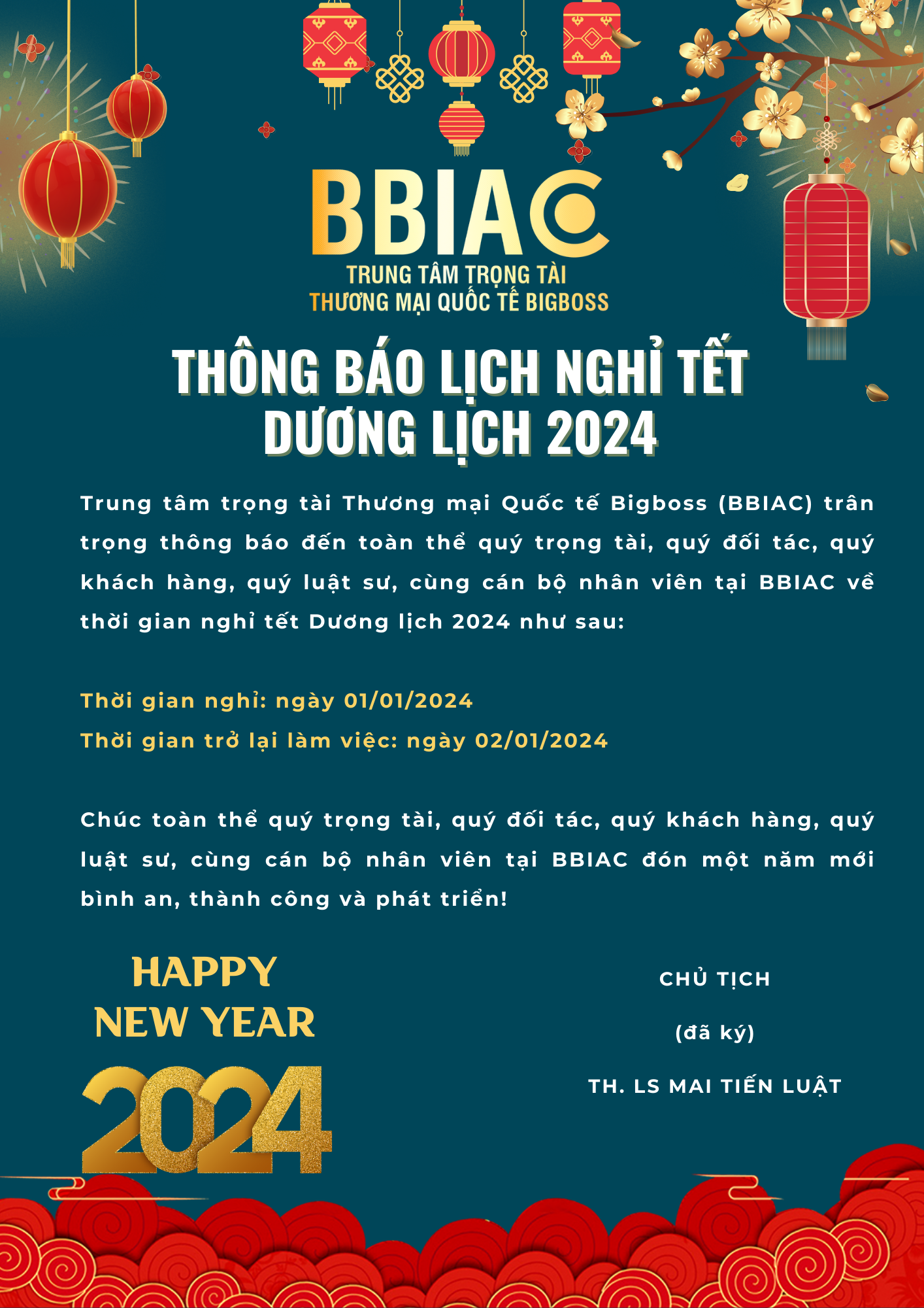 thông bao lịch nghỉ tết 2024