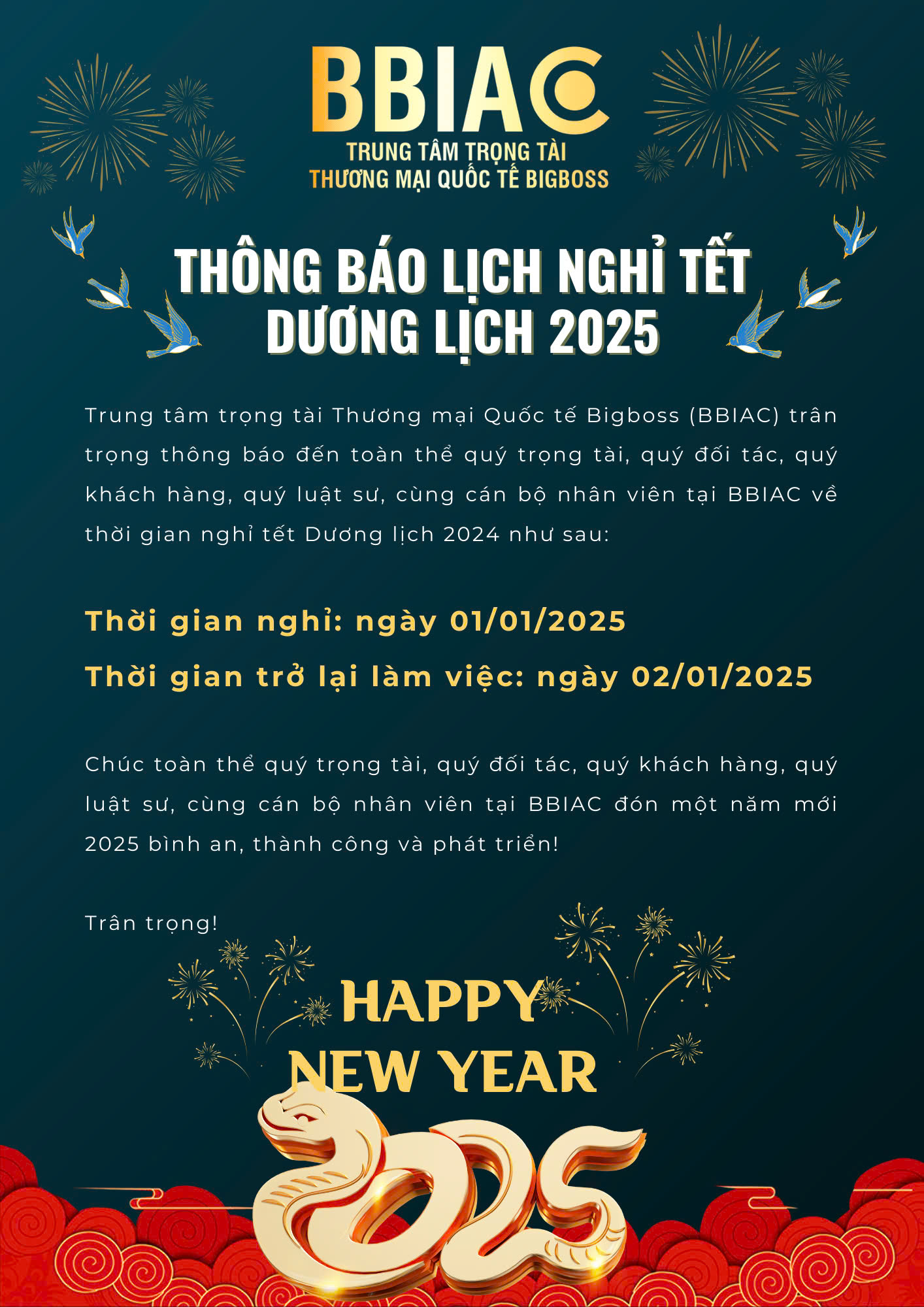 THÔNG BÁO LỊCH NGHỈ TẾT DƯƠNG LỊCH